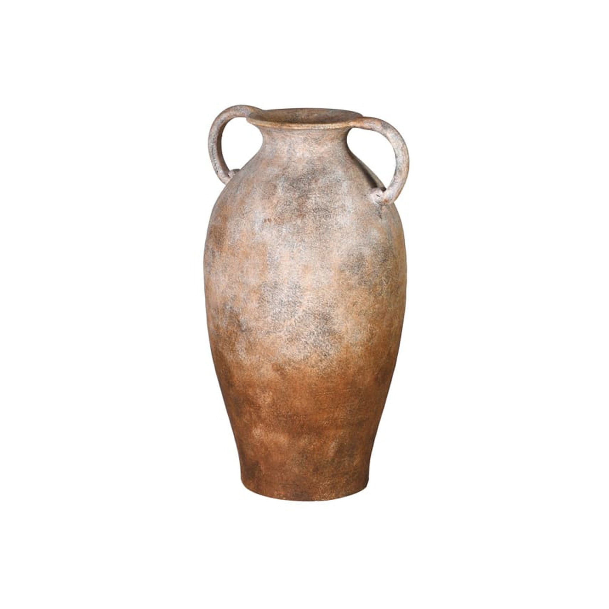 A striking tall vase with the look and feel of ancient Mediterranean pottery. The finish is weathered, with mottled warm terracotta and earthy grey tones.