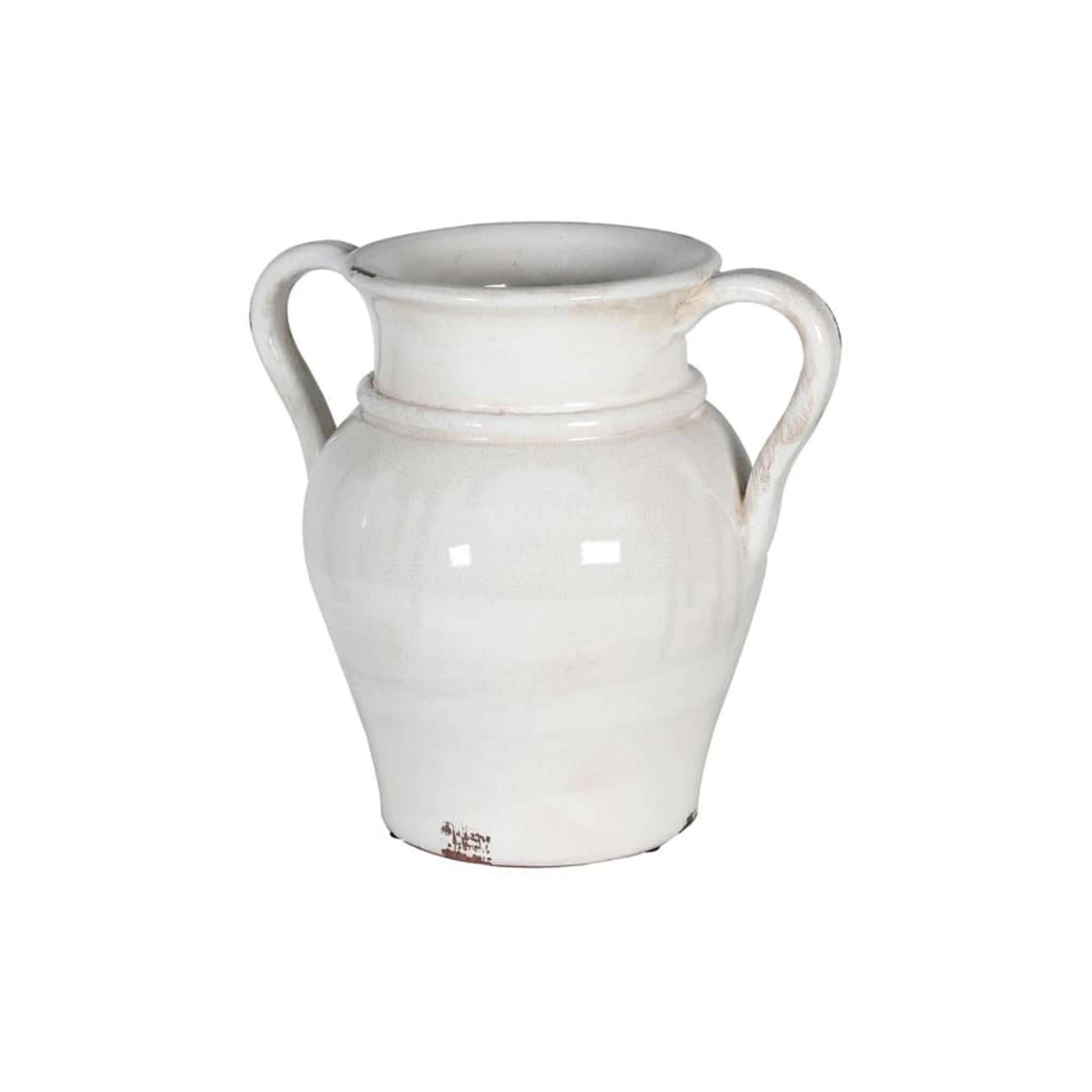 A charming rustic two handled vase with an antique-inspired finish. The creamy white glaze with its gently distressed, crazing effect gives it an authentically aged look, while the classic amphora-style silhouette and ridged neck add a timeless, artisanal quality.                         