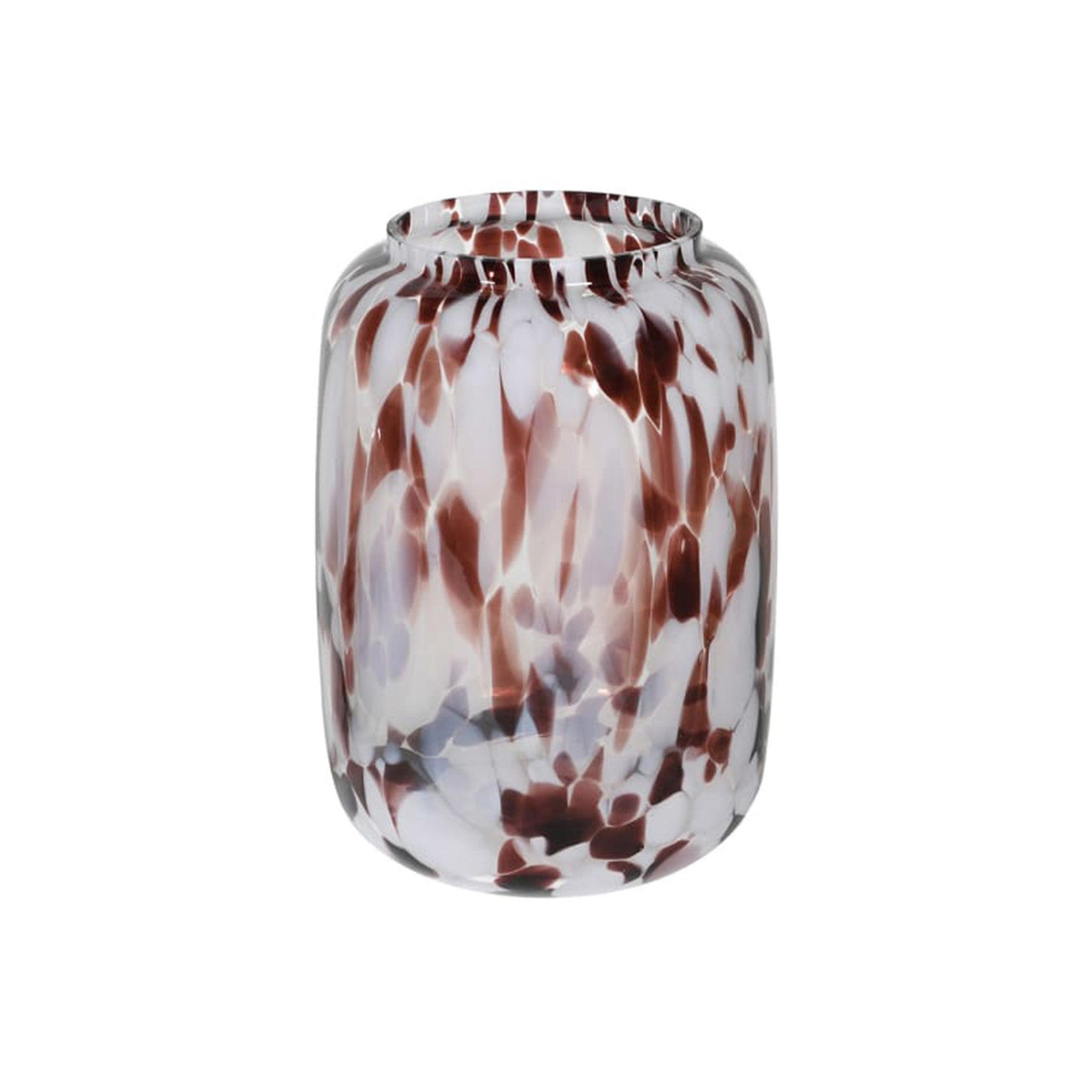 A striking statement piece, this rounded glass vase features an eye-catching tortoiseshell-inspired pattern of deep burgundy, dusty mauve and soft white.