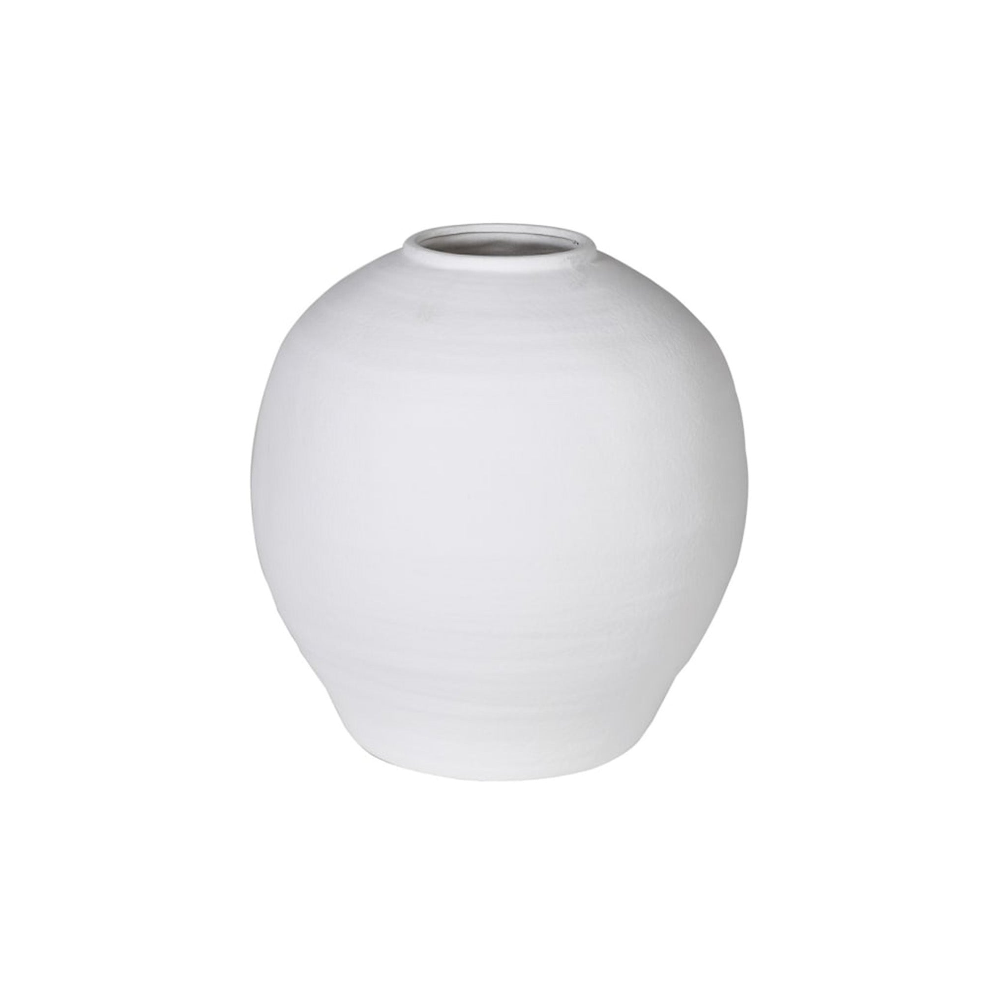 A large, rounded vase with a heavily textured ribbed surface in a matte white finish. Made from cement, giving it a solid, weighty feel with a raw, organic quality.
Please note: not suitable for water