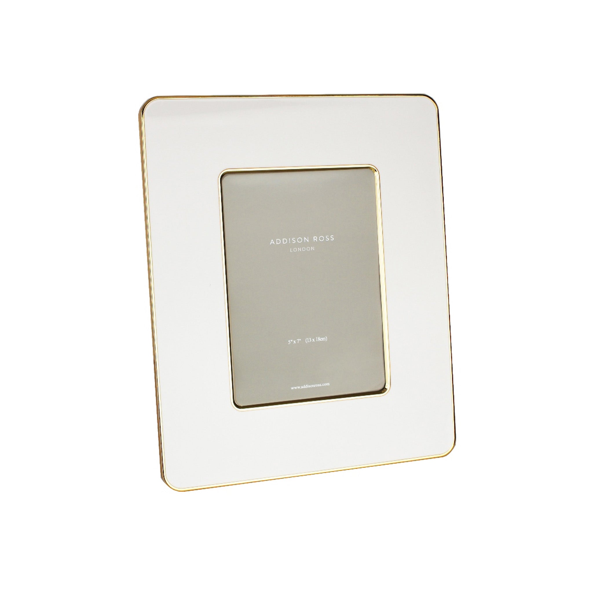 White enamel photo frame with a gold plated edge. Dimensions: Photo Size: 5x7 Inches  Delivery: 7-10 days