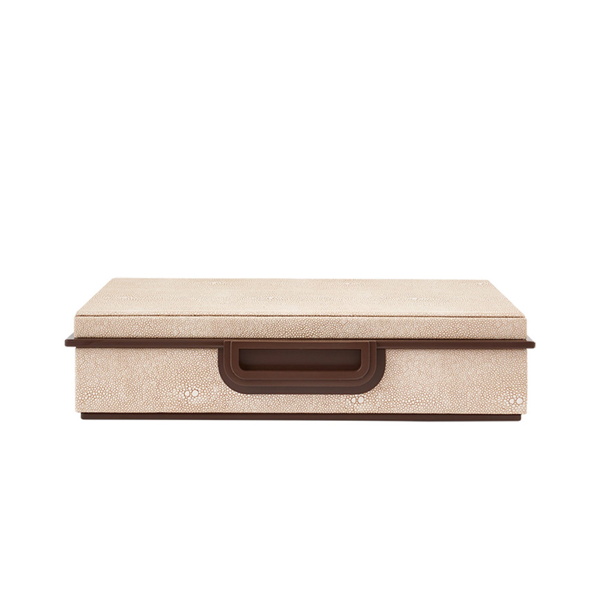 This trinket storage box by Interior designer Sophie Paterson, is in a faux shagreen material in ecru, with brushed  bronze edgings around the opening and base, and a brushed bronze square handle to the front.  This is the large of two sizes in this colour range. 
Dimensions: 300mm x 200mm x 63mm 
Materials: Faux PU Leather / Bronze