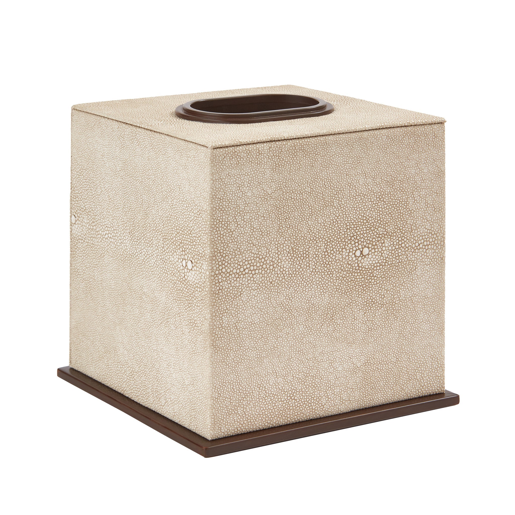 Tissue box by Interior designer Sophie Paterson, is in a faux shagreen material in ecru, with brushed bronze edgings around the opening and base. This square shape is one of two sizes in this colour range. 
Dimensions: 140mm x 140mm x 140mm 
Materials: Faux PU Leather / Bronze