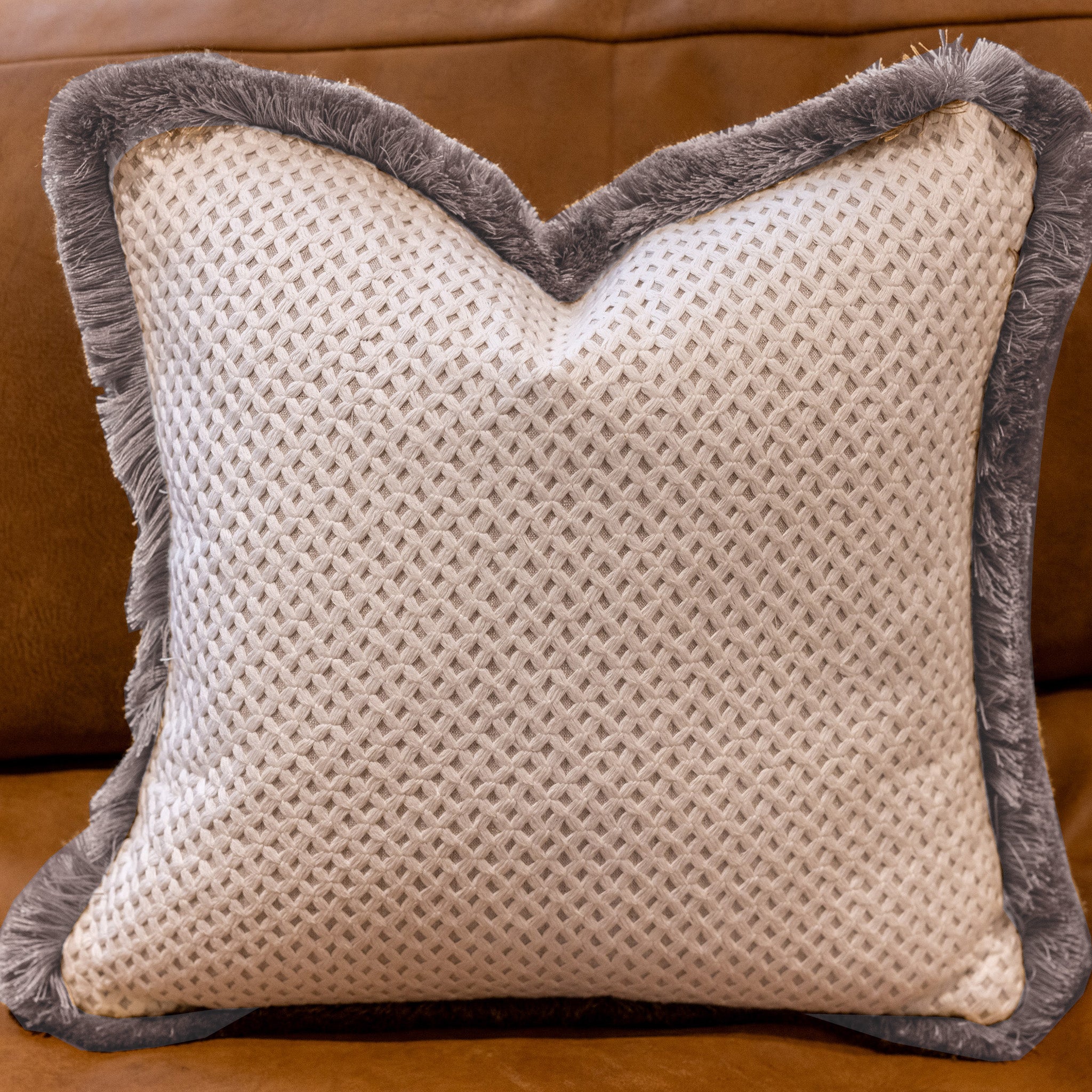 Mini Geo Applique and Fringed Cushion with Contrast Back
