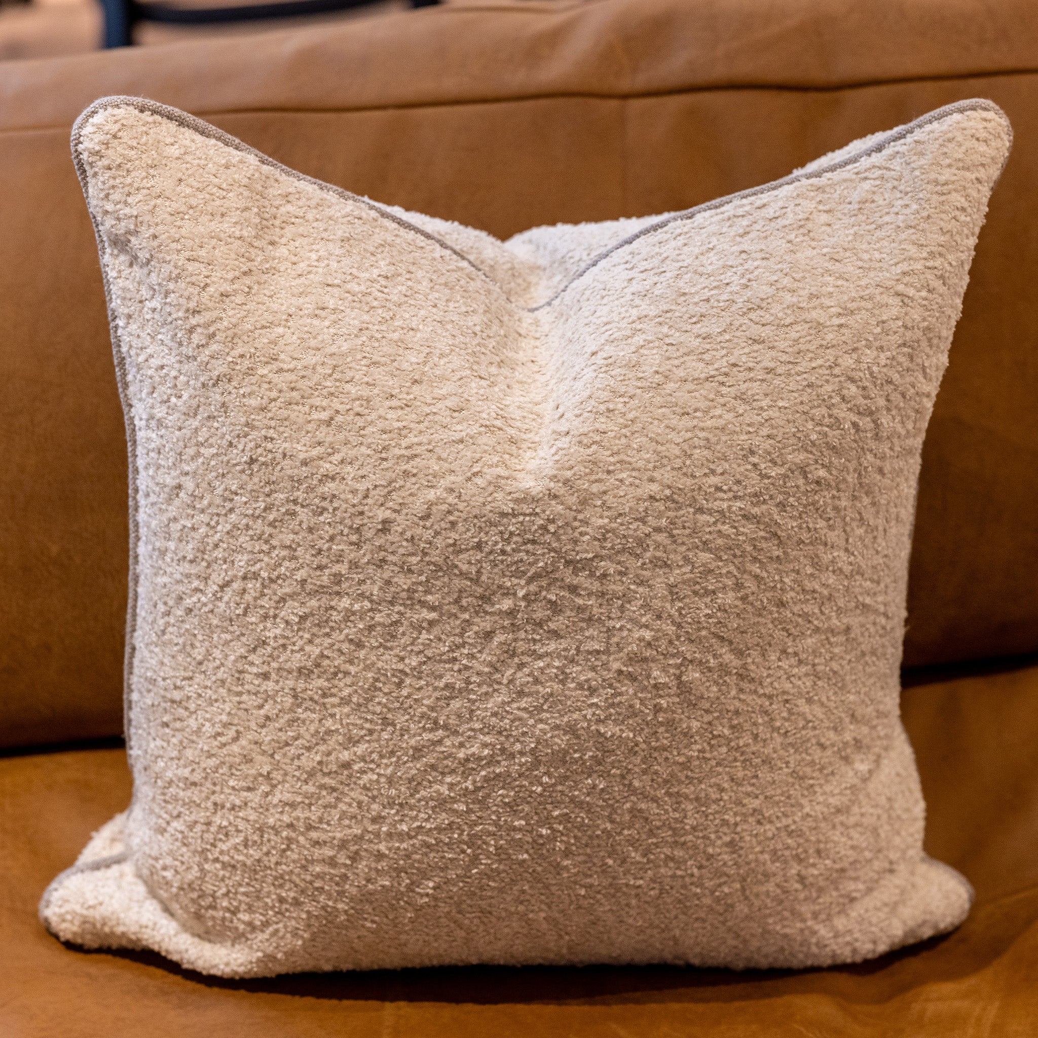 Boucle Cushion Cover in Ecru with Contrast Tan Piping